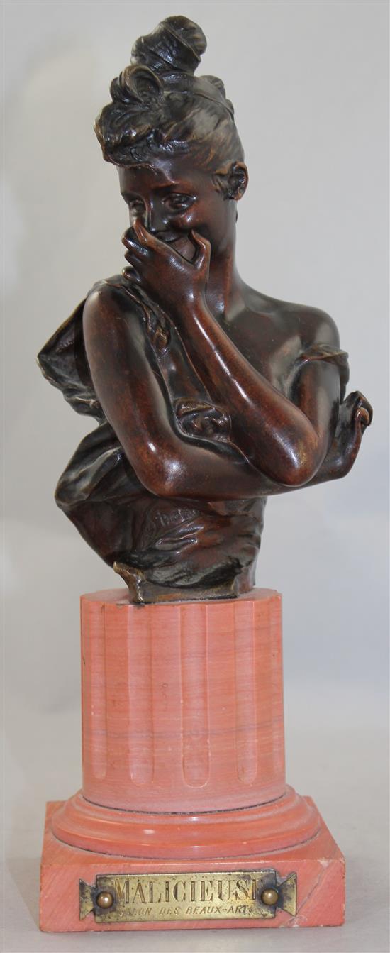 After Georges van der Straeten, Malicieuse. A patinated bronze bust of a young lady,